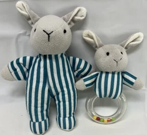 2 Goodnight Moon Bunny Rabbit Rattle Plush Lovey Stuffed Animal Striped Pajamas - Picture 1 of 11