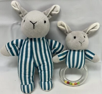 2 Goodnight Moon Bunny Rabbit Rattle Plush Lovey Stuffed Animal Striped Pajamas - Image 1 of 4