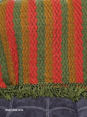 Retro Crochet Afgano, Manta Flecos De Colección 100"x 46" Aguacate, Óxido, Mostaza Foto 1 de 4