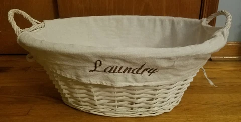 White Oval Wicker Laundry Basket Handles w/ White Embroidered "Laundry" Liner Cover