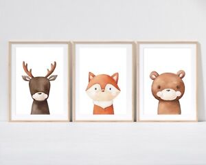 Set Woodland Fox Deer Bear Prints, Kids Decor Nursery Wall Art Poster Prints