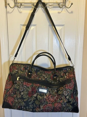 VTG Protocol Red Floral Tapestry XL Travel bag Leather Handles 22” X 9” X 12” - Image 1 of 4