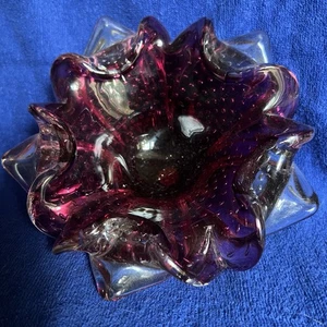 VINTAGE MURANO GLAS ASCHENBECHER ROT KONTROLLIERTE BLASE MIT ORIGINAL AUFKLEBER - Bild 1 von 11