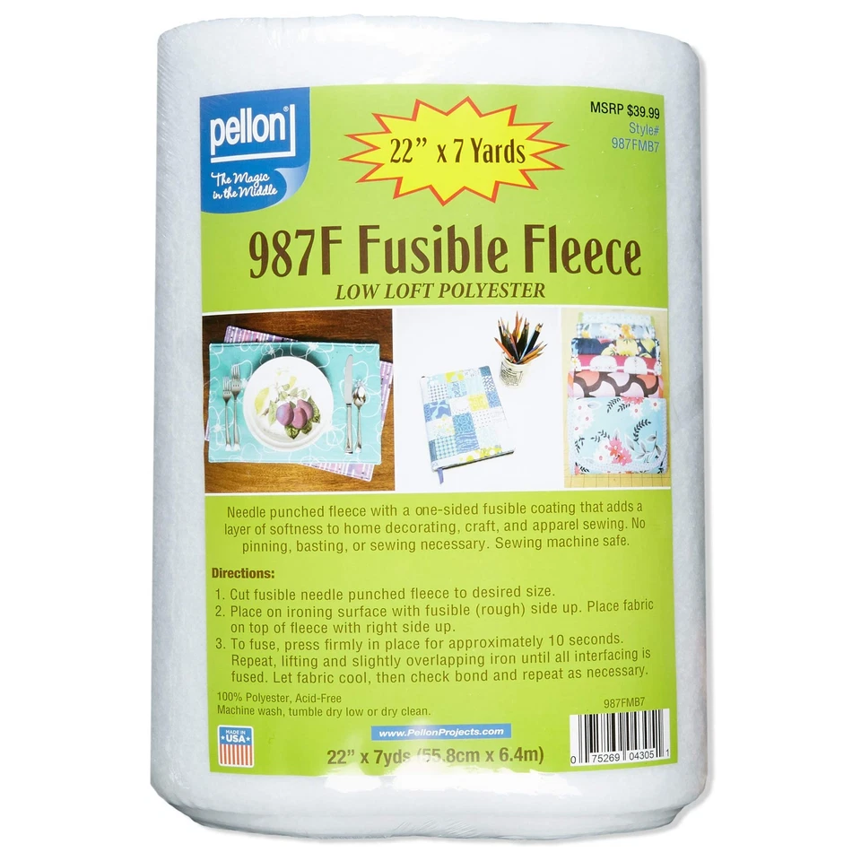 Pellon 987 Fusible Fleece Low Loft 100 Polyester 1-sided Mini Bolt 22" X 36
