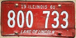 1961 Illinois 800 733 Land of Lincoln Bright Red and White License Plate - Picture 1 of 2