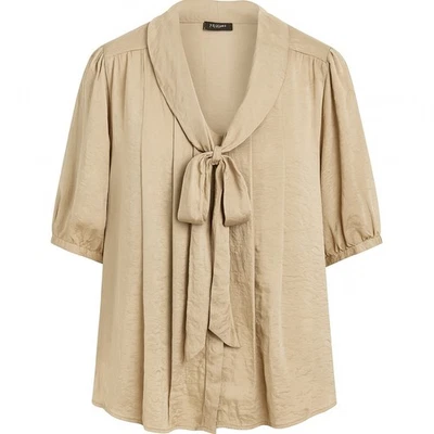 Elementz Womens Blouse Size XL Tan Satin Tie Neck 3/4 Sleeve Lightweight Top - Image 1 of 4