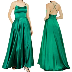 Aqua Evening Gown Maxi Dress 10 Women Green Satin Crossback Spaghetti Strap USA - Picture 1 of 10