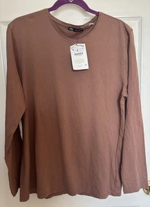 Zara T Shirt Women’s Size Large Brown Casual Pullover Long Sleeve NWT - Picture 1 of 5