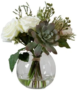 Potted Faux Artificial Cream Rose Green Succulent Flowers in Vase for Home Decor - Picture 1 of 1