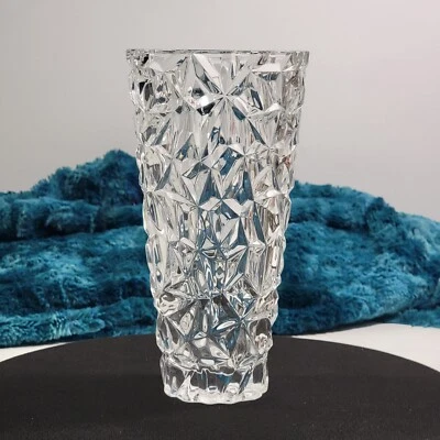 Vintage Teleflora Block Crystal Rock Gem Cut Conifer Clear Glass 10" Vase EUC - Image 1 of 4