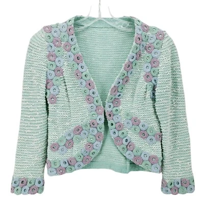 Vintage Embroidered Mint Green Purple Knit Open Blazer Jacket Size SMALL? - Image 1 of 4