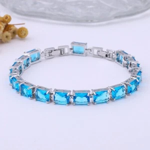 New Xmas Jewelry Gifts Rectangle Sky Blue Topaz Gems Silver Women Charm Bracelet - Picture 1 of 6