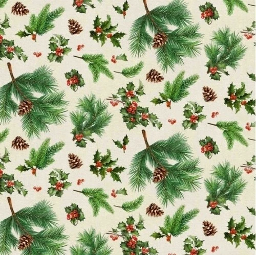 Christmas Fabric - Merry Deer Holly Pine Toss Beige - Springs YARD - Image 1 of 1
