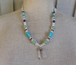 Quartz Double Terminated Point Adjustable Hemp Necklace with Aventurine Amethyst - Picture 1 of 8