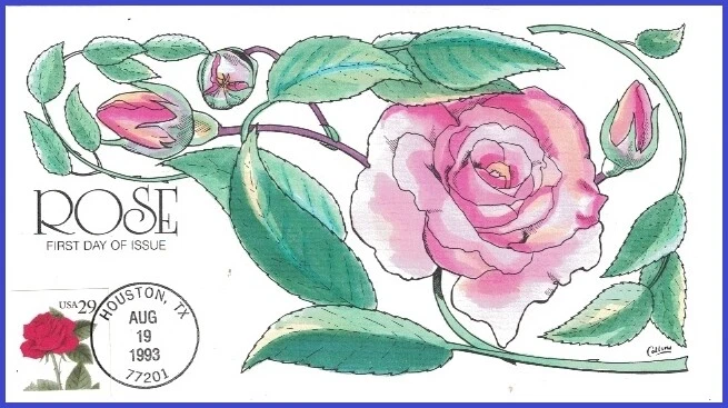 USA2 #2490 U/A COLLINS HAND PAINTED FDC   Red Rose S/A - Image 1 of 1