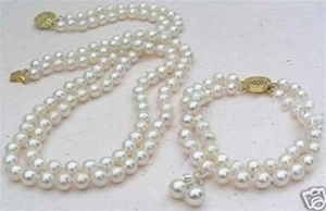 2 Rows White 8mm Shell Pearl Necklace Bracelet Earrings Set Real PN549 - Picture 1 of 6