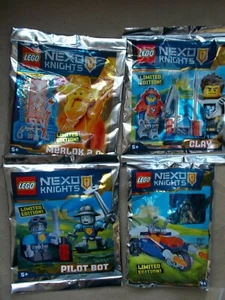 4 NEW LEGO NEXO KNIGHTS FOIL SETS - CLAY WIZARD MERLOK PILOT BOT RACER PACK 2 - Picture 1 of 5