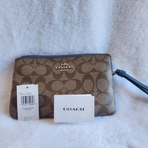 Coach große Eck-Reißverschluss Kalbsleder Signatur Canvas khaki & steinblau 6648 Geldbörse - Bild 1 von 5