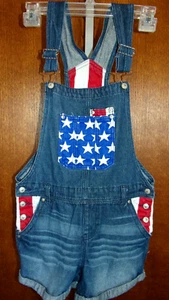 YOUTH Patriotic American Flag Blue Denim Overalls Shorts by L.E.I. - Girls XL - Picture 1 of 10