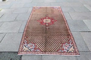 Vintage Worn Hand Made Traditional Oriental Wool Brown Red Large Rug 246x116cm - Picture 1 of 17