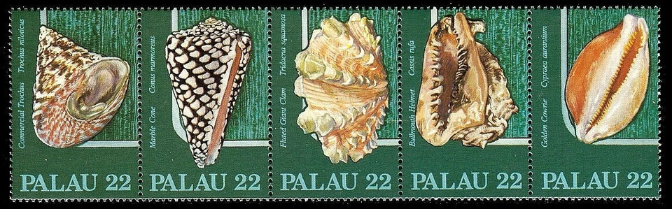 PALAU, SCOTT # 104-108, MNH STRIP OF 5 VARIOUS SEASHELLS (SEA SHELLS) YEAR 1986 - Image 1 of 1