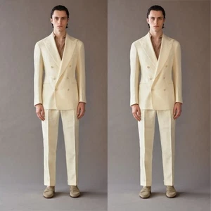 Cream Linen Men Suit Double Breasted Groom Tuxedos Prom Party Summer Casual 2PCS - Picture 1 of 10