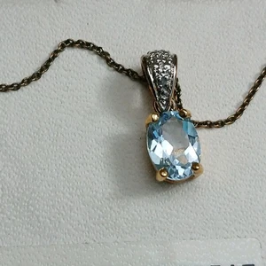 Dainty Vintage 18K Vermeil Necklace with Blue Topaz & Diamond Pendant  - Picture 1 of 12