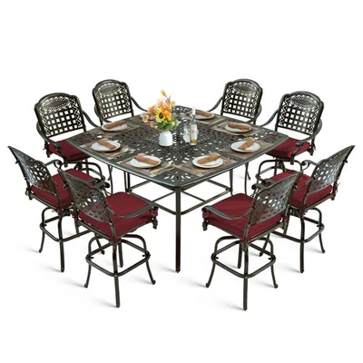 Juego de comedor de altura de barra de 9 piezas con taburetes de bar giratorios para patio silla y mesa de exterior Foto 1 de 3