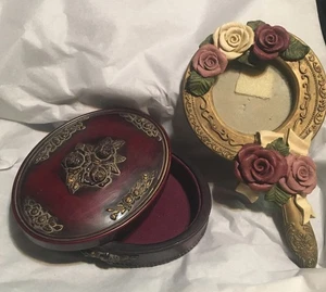 Vanity Set Victorian Roses Photo Frame & Trinket Jewelry Box Pink & Gold - Picture 1 of 13