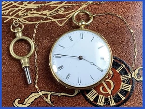 c.1845 ANTIQUE 18K GOLD ENAMEL ART BACK POCKET WATCH DaZzLiNg w/KEY & GOLD CHAIN - Picture 1 of 22