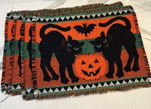4 Vintage Halloween Tischsets Gewebt Wandteppich Fransen 16,5 x 12,5" Schwarze Katze Kürbis - Bild 1 von 4