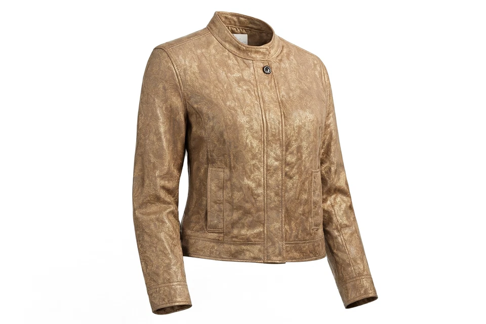 Chaqueta de cuero sintético Chico’s para mujer talla 1 mediana marrón metálico estilo moto Foto 1 de 4