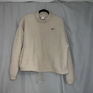 Nike Sweatshirt Women’s M Tan Sherpa Crop Lined Therma Fit Swoosh Pullover EUC - Picture 1 of 7