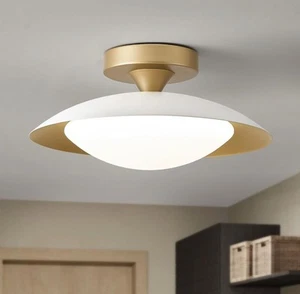 Mid Century Modern Semi Flush Mount Ceiling Light White and Gold LED Fixture MED - Picture 1 of 7