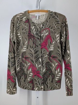 Escada Sport Jungle Animal Art Leopard Zebra Scene Cardigan Sweater M Green - Image 1 of 4