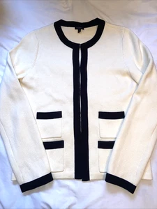 Talbots Ivory Sweater Cardigan Blazer Black Trim Cashmere Women's Size Medium - Picture 1 of 18