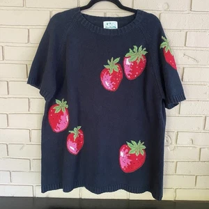 The Quacker Factory Sweater Womens 1X Plus Black Short Sleeve Strawberry Beaded - Picture 1 of 6