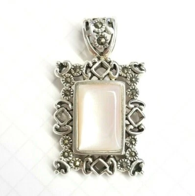 Rose Pink Color MOTHER OF PEARL PENDANT Marcasite Frame .925 STERLING SILVER - Image 1 of 3