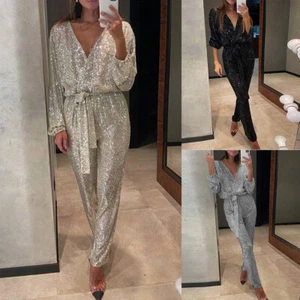 Damen Pailletten Elegant Jumpsuit Overall Cocktail Romper Hosenanzug Party Wear - Bild 1 von 20