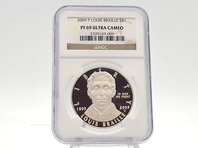 2009-P NGC PF69 ULTRA CAMEO Louis Braille Commemorative Dollar **PROOF** 69-009 - Image 1 of 4