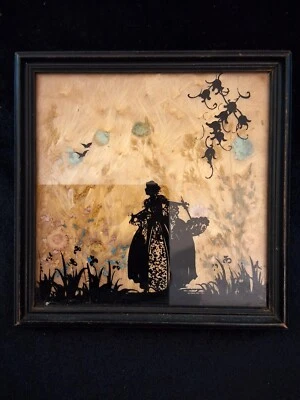 Silueta pintada al revés vintage con flores secas, vidrio burbuja, cuadrado de 5,5" Foto 1 de 3