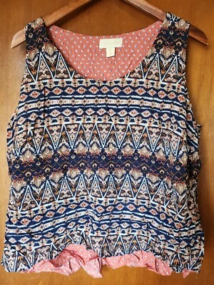 Camisa sem mangas Lucy and Laurel azul laranja/castanho pêssego estampa geométrica tamanho 1X  - Imagem 1 de 3