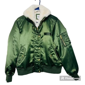 Chaqueta de bombardero Gap Abrigo para mujer L Cremallera completa Broches de presión Cuello de piel sintética Satinado-como Shell - Imagen 1 de 11