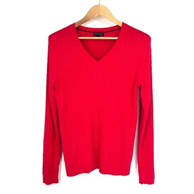 Suéter Tommy Hilfiger tejido con cable cuello en V para mujer talla L rosa magenta rojo Foto 1 de 4