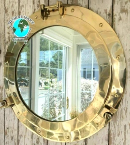 Espejo de ojo de buey con acabado de latón náutico antiguo de 24" para el hogar de pared de diseñador decorativo - Imagen 1 de 7