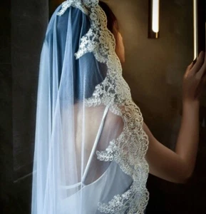 Wedding mantilla veil with lace cathedral length for bride - Picture 1 of 6