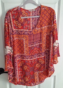 Womens XL Tunic Top Blouse HiLo Peasant Relaxed Fit Semi Sheer Bell Sleeve Cato - Picture 1 of 12
