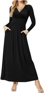 CATHY Long Sleeve Deep V-Neck Casual Maxi Dress Pleated Waist Black Size XL - Picture 1 of 11