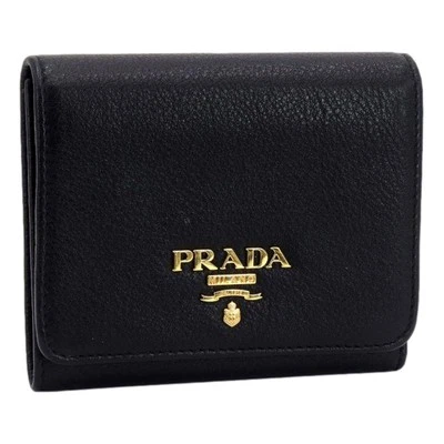 Prada Vitello Grain Black Trifold Compact Wallet Leather Logo Plaque NEW - Image 1 of 4