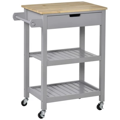 HOMCOM Kitchen Trolley Utility Cart on Wheels with Rubberwood Worktop Towel Rack - Image 1 of 4